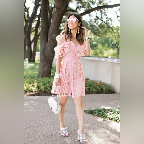 Self-Portrait | Lace Frill Asymmetric Cold-Shoulder Fit & Flare Pink Mini Dress - Picture 2 of 16